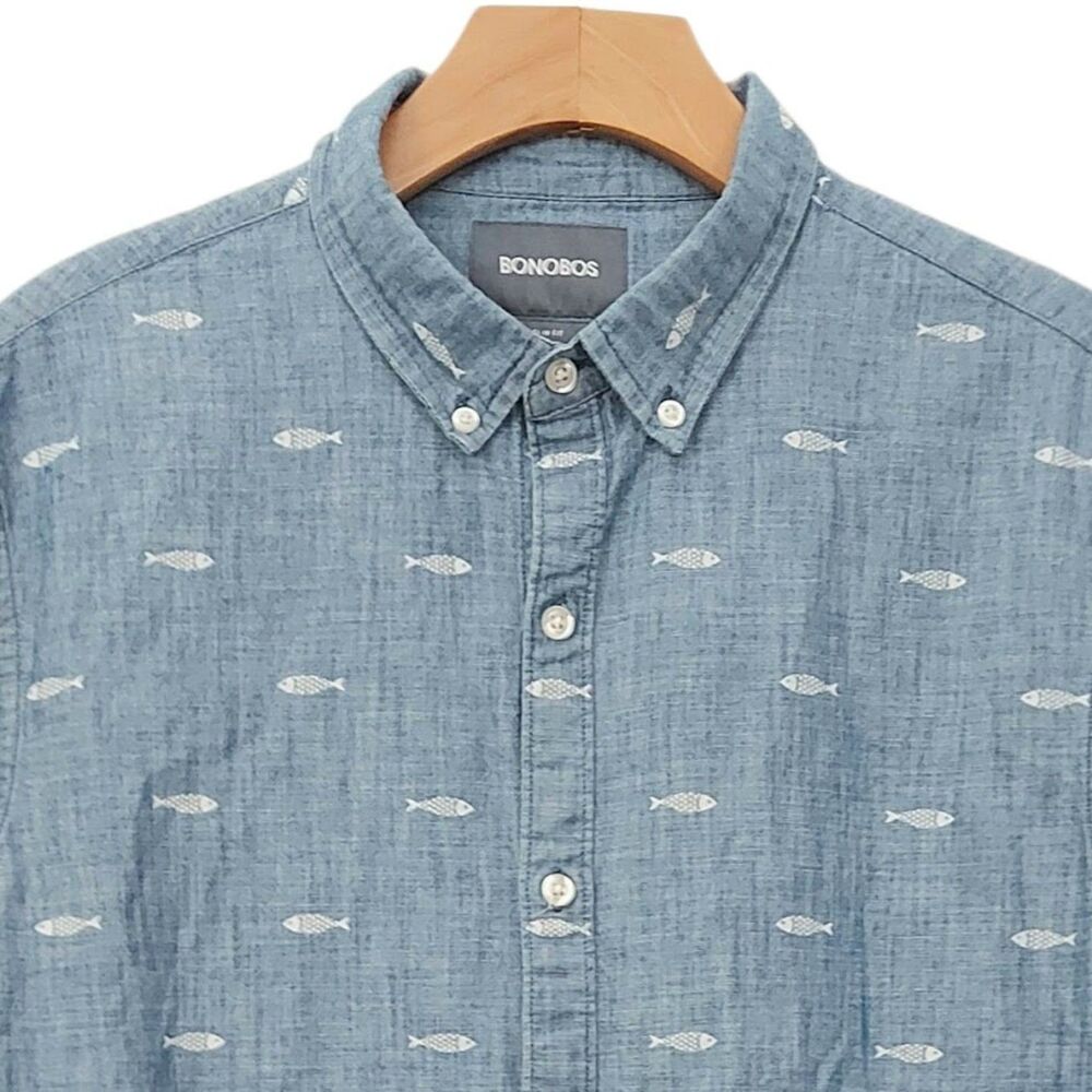 Bonobos Riviera Shirt Mens Medium Long Blue Slim Fit Fish Print Cotton Nautical - Picture 2 of 9